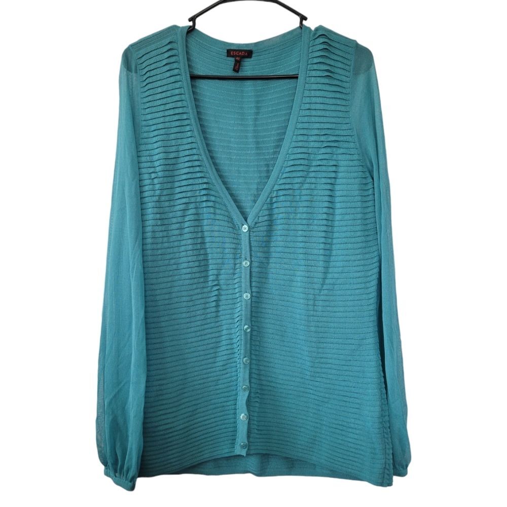Escada Teal Blue Button Front Cardigan Sheer Sleeves Size 42 (Large)